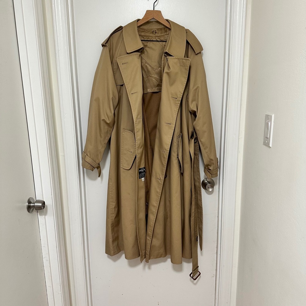 Men's Vintage Wool Cotton Khaki Blend Double Breasted Belted Trench Coat, 44R